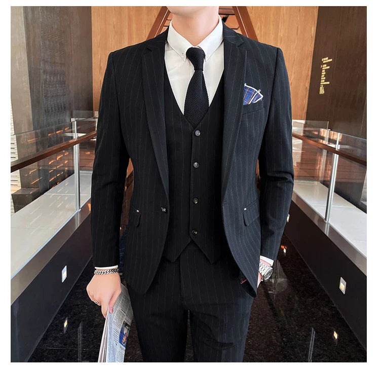 Winter Stripes Three-piece High-Grade Groom Wedding Suit with Vest And Trousers Business Fashion Handsome Casual Wedding Outfit
