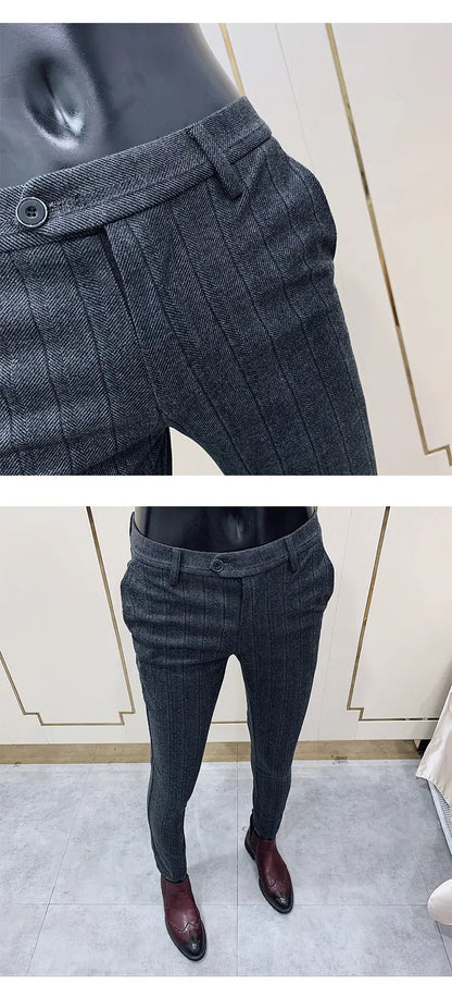 Autumn Winter Striped Woolen Cloth Suit Pants Men Casual Slim Straight Warm Trousers Formal Business Social Office Dress Pants