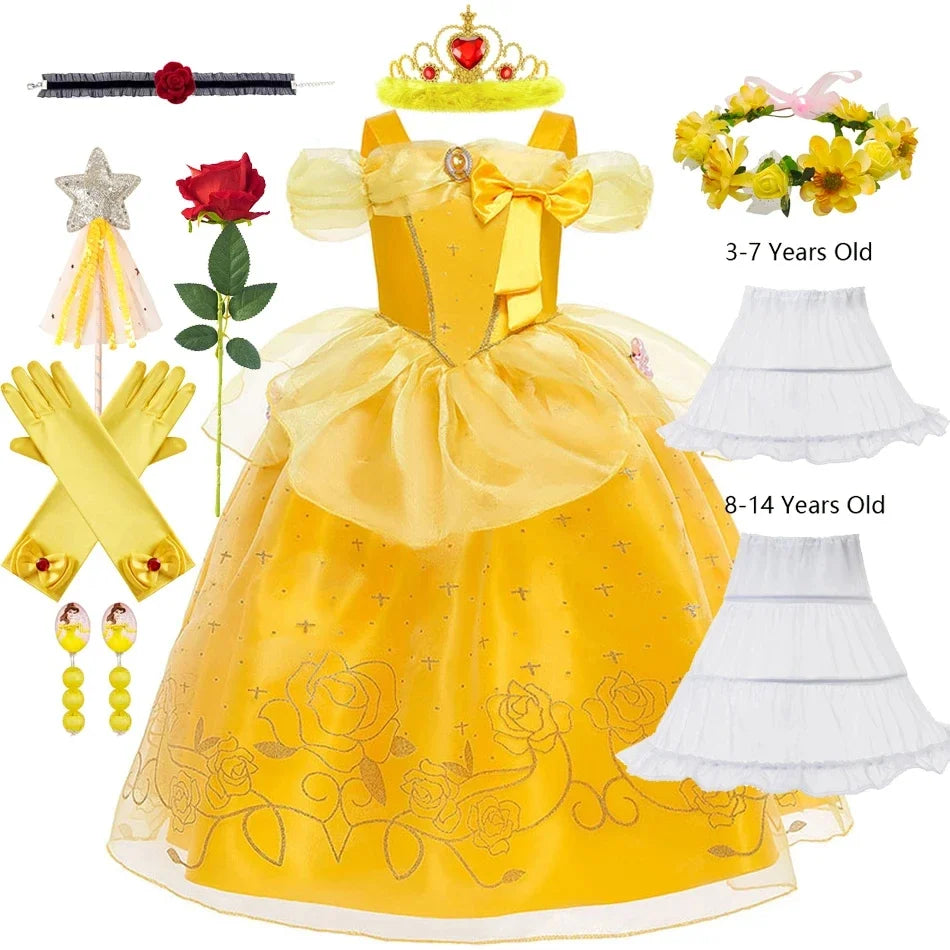 Beauty Belle Princess Cosplay Dress Girl Yellow Floral Off Shoulder Mesh Kid LED Light Halloween Costume Birthday Surprise Gift