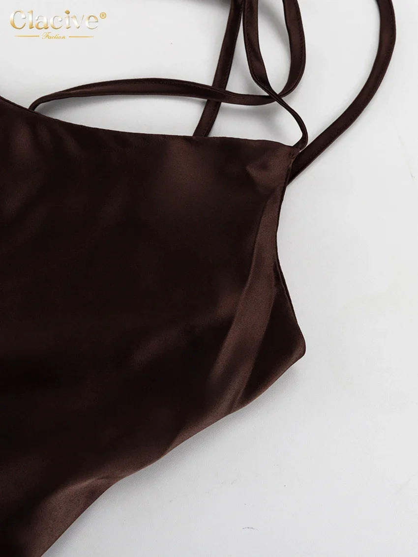 Fashion Loose Brown Satin Womens Dresses 2025 Summer Strap Sleeveless Floor Length Dress Sexy Backless Female Dress