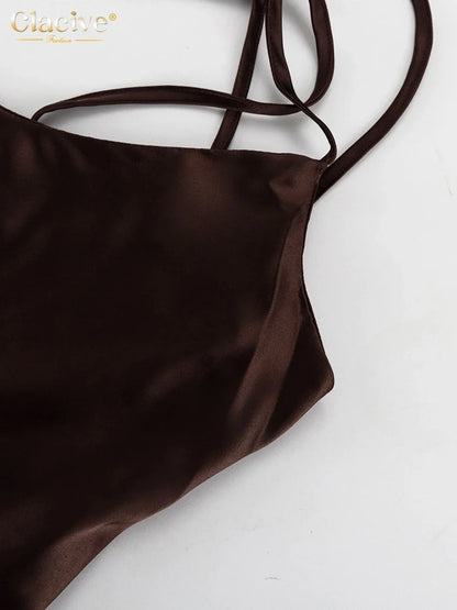 Fashion Loose Brown Satin Womens Dresses 2025 Summer Strap Sleeveless Floor Length Dress Sexy Backless Female Dress