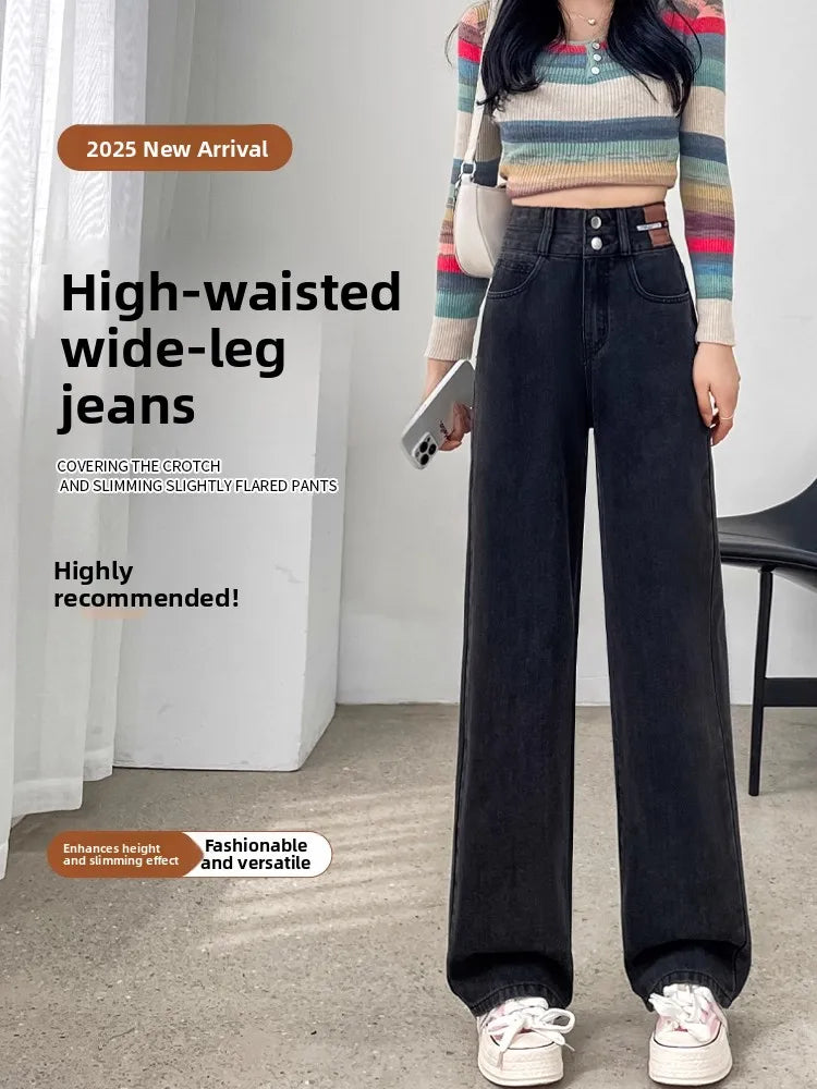 Slim Wide Leg Denim Jeans High Waist Double Bule Straight Cut Pants for Women Bla ey Autumn New Arrival Faionable Wea...
