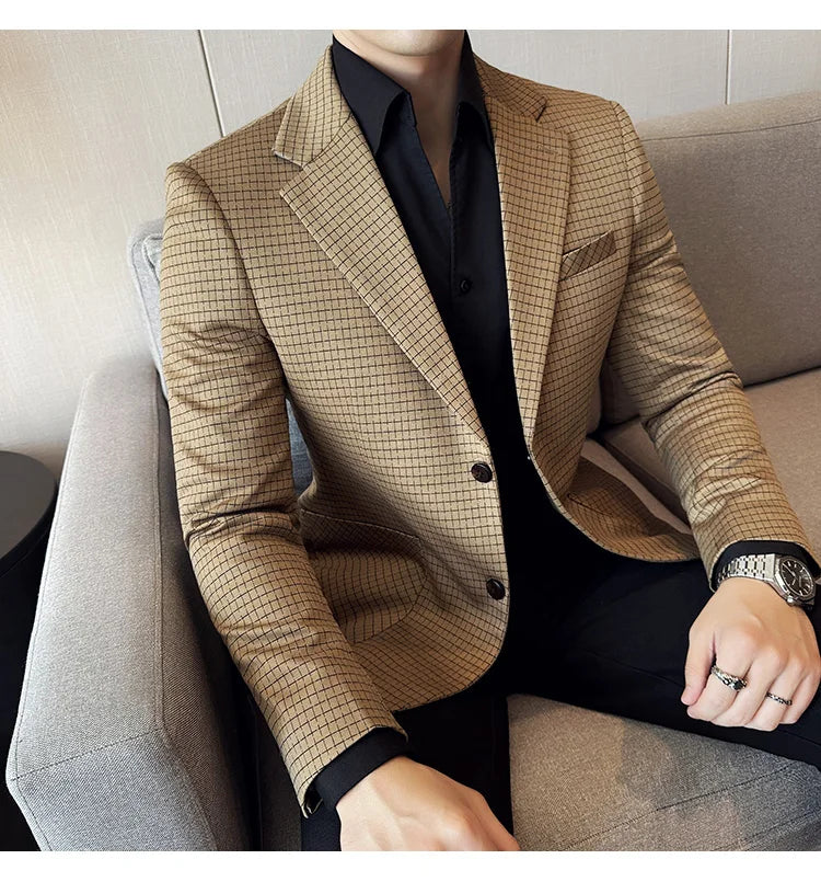 British Style Plaid Suit Jacket For Men 2025 New Business Casual Slim Blazer Formal Wedding Party Suit Dress Coats Men Clothing