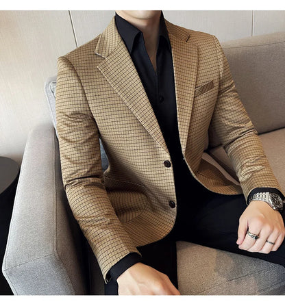 British Style Plaid Suit Jacket For Men 2025 New Business Casual Slim Blazer Formal Wedding Party Suit Dress Coats Men Clothing