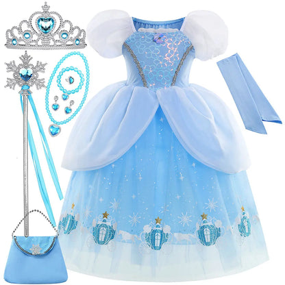 Princess Cinderella Girls Cosplay Cinderella Blue Short Sleeves Costume Kid Halloween Birthday Party Dress + Sleeves Suit