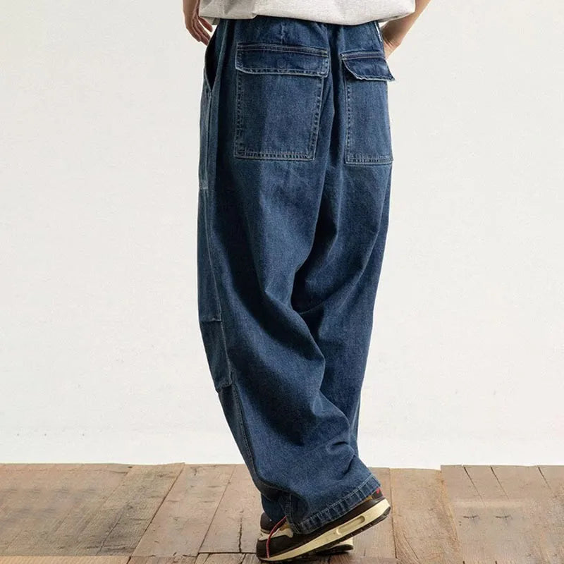 Spring And Autumn Japanese Style Oversized Straight Leg Jeans Loose Drawstring Workwear Pants Wide Leg Pants  Men'S Pants