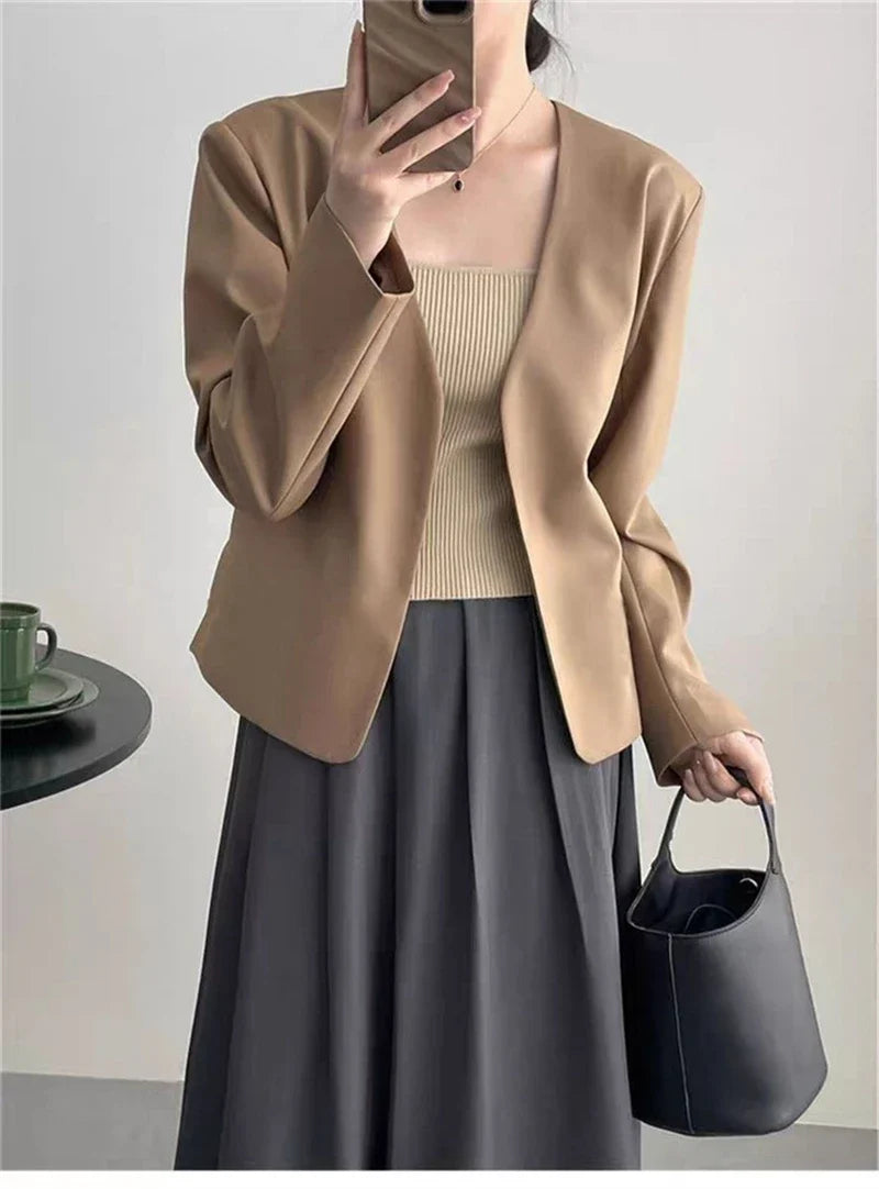 2025 Spring Autumn Fashion New Women's Suit Jackets Solid Short Coats Korean Blazers Long Sleeve Cardigan Coat Without Placket