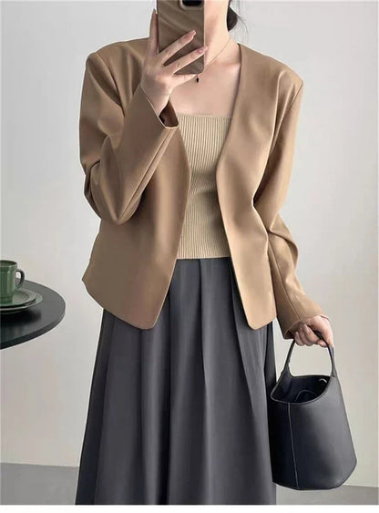 2025 Spring Autumn Fashion New Women's Suit Jackets Solid Short Coats Korean Blazers Long Sleeve Cardigan Coat Without Placket