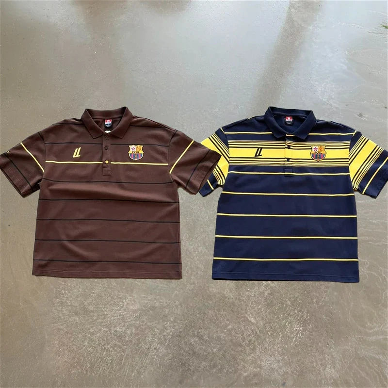 Y2k Retro Harajuku T Shirt Two Color Embroidered Logo Striped Patchwork Barca Polo Shirt Trendy Hiphop Men Women Oversized Tops