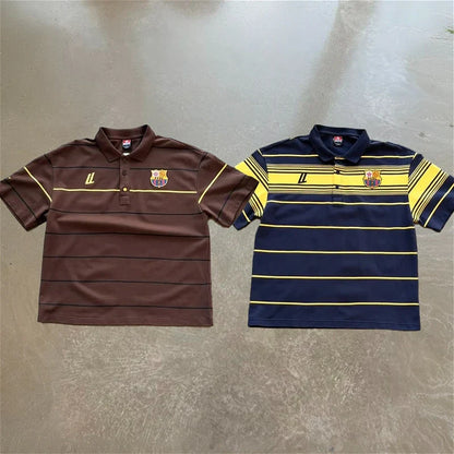 Y2k Retro Harajuku T Shirt Two Color Embroidered Logo Striped Patchwork Barca Polo Shirt Trendy Hiphop Men Women Oversized Tops