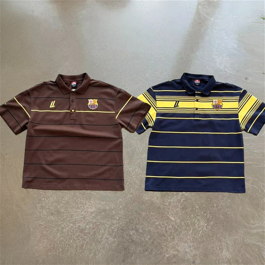 Y2k Retro Harajuku T Shirt Two Color Embroidered Logo Striped Patchwork Barca Polo Shirt Trendy Hiphop Men Women Oversized Tops