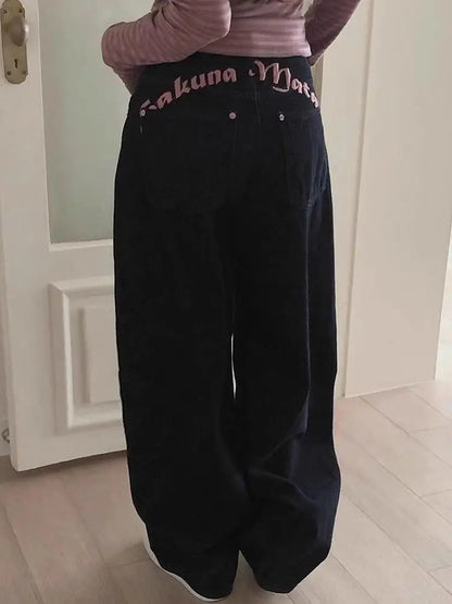 High Waist Bastitch Letter Print Denim Jeans Women's Summer New Sle Sweet Cool Spicy Girl Trendy Long Pants