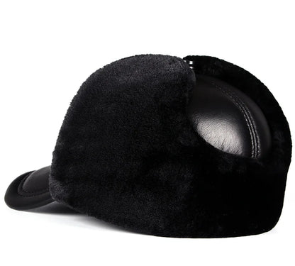 Winter Hat Men Genuine Leather Sheepskin Bomber Hat Earflap Black Warm Thick Ski Snow Windproof Male Russian Hat