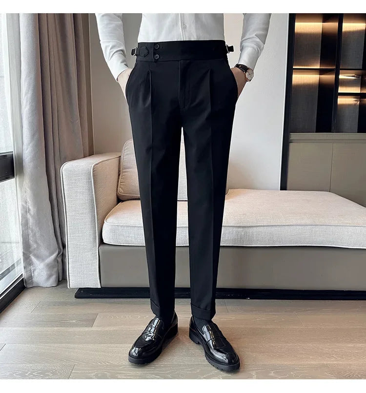 Autumn Winter High Waist Business Dress Pants Men Casual Belt Design Slim Suit Pants Formal Wedding Social Party Male Trousers