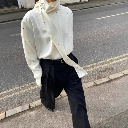 Satin Scarf Neck Polka Dot Printing Women Blouse Fashion Full Sleeve Loose Basic Shirt Lady Spring New Highstreet Commute Wears