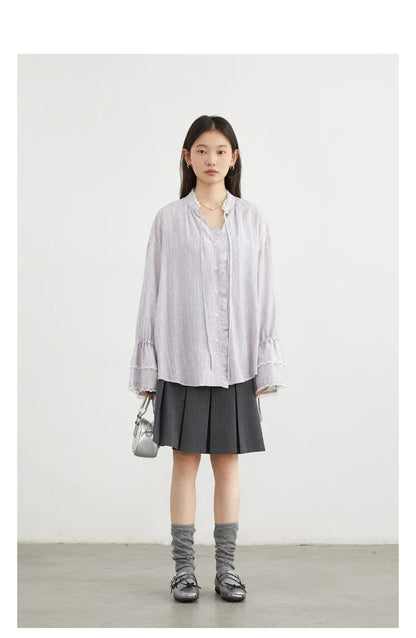 Women Shirt Single Breasted V-neck Loose Casual Long Sleeve New Stand Up Collar Coat Female Blouse Spring Autumn 2025