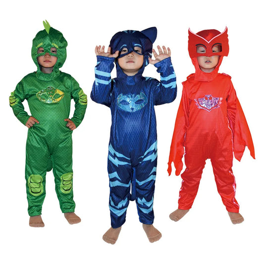 Blue Red Green Jumpsuits Cartoon Pj Cosplay Costume with Mask Night Hero Halloween Birthday Party Dress Sets Christmas Costumes
