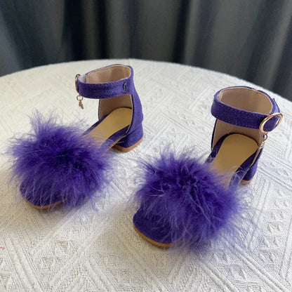 New Girls Low-heels Sandals Summer Fluffy Kids Princess Catwalk Shoes Open-toe Versatile Children Fashion Wedding Party Sandals