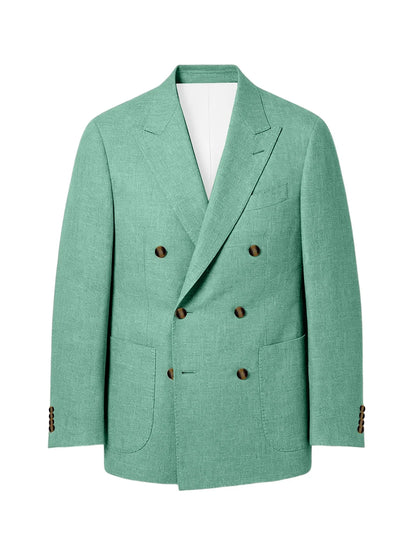 Men's Linen Double Breasted Blazer Peak Lapel Casual Business Suit Jacket With Patch Pockets For Daily Office Wear