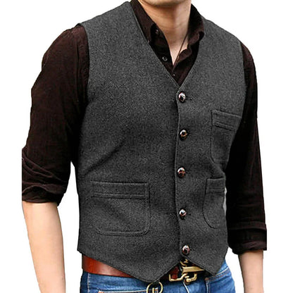 Men Vest Dark Green Herringbone Single Button V Neck With Pocket Waistcoat For Wedding Banquet Business Casual Work Men Suit