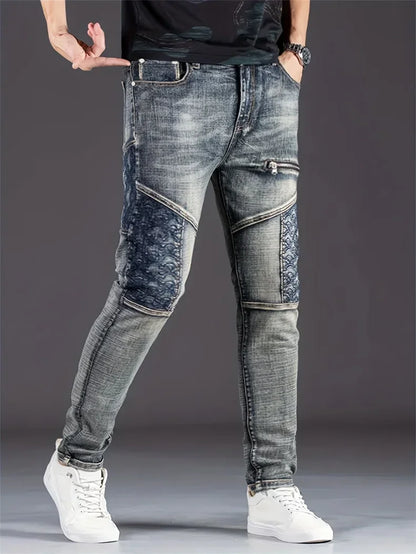 Streetwear Men's Motorcycle Jeans Stretch Nostalgic Fashion Casual Denim Trousers Slim Straight Patchwork Washed Cowboy Pants