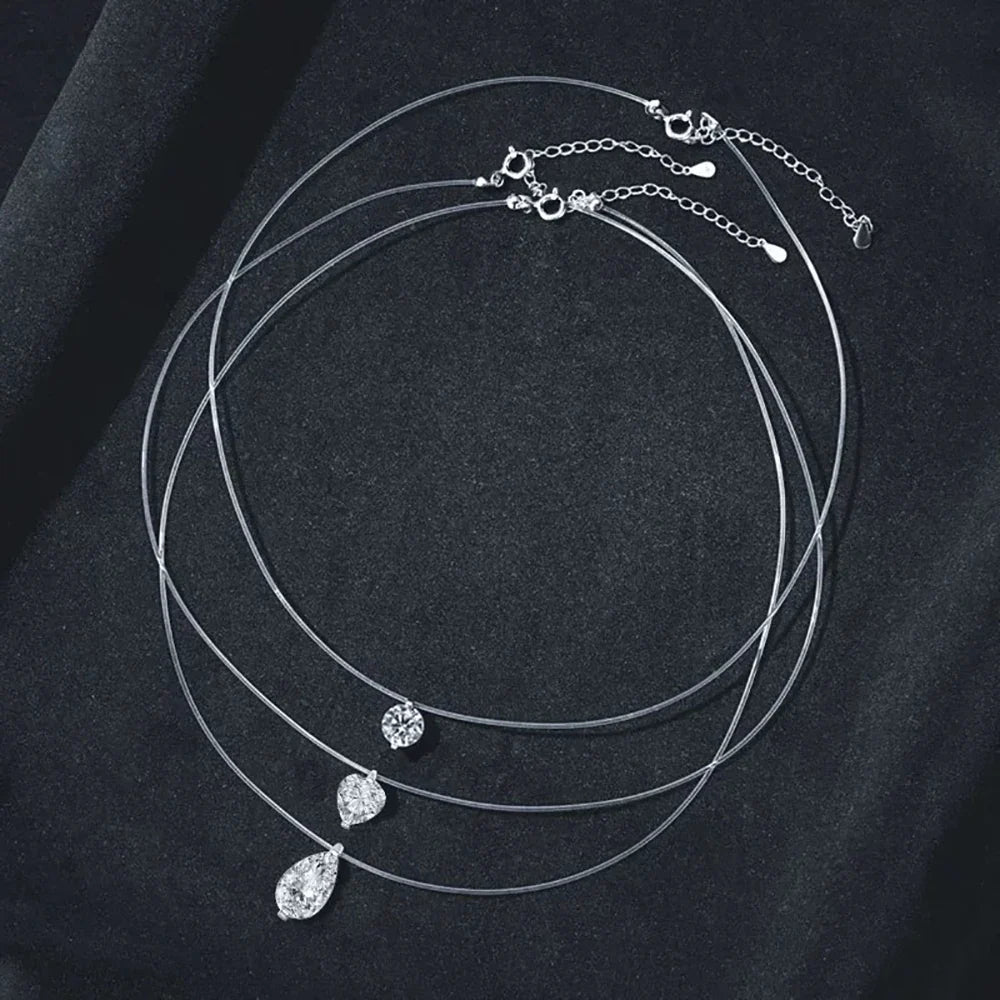 1CT Transparent Fishing Line Moissanite Pendant Necklace for Women 925 Sterling Silver Water Drop Lab Diamond Necklace Jewelry