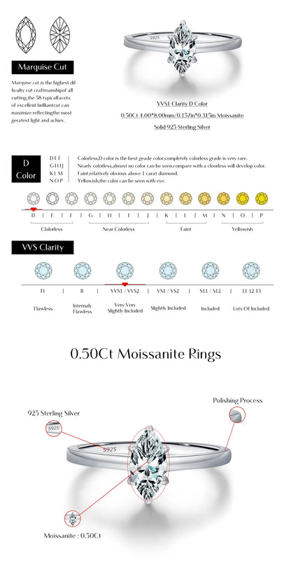 D Color Marquise Cut Rhombic Moissanite 925 Sterling Silver Luxury  Band Rings For Women Wedding Fine Jewelry Gifts