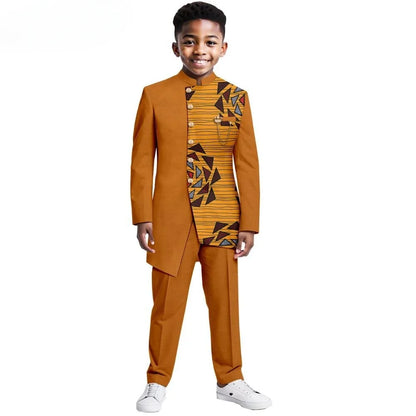 African Patterned Children's Elegant Suit Set 2 Pieces For Formal Occasion,Stylish Smart Boys Tuxedo Sets Wedding Outfit XS-XXL