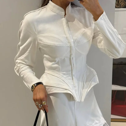 Elegant White Women's Long Sleeve Top Slim Fit Corset Bustier Shirt Casual Office Party Streetwear Y2K Fashion Outerwear 2026