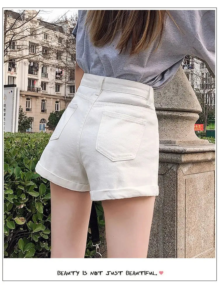 High-Waist Cuffed Denim Shorts Women Summer Korean Style Student Loose Slimming Outerwear A-Line Wide Leg Hot Pants Y2K Shorts