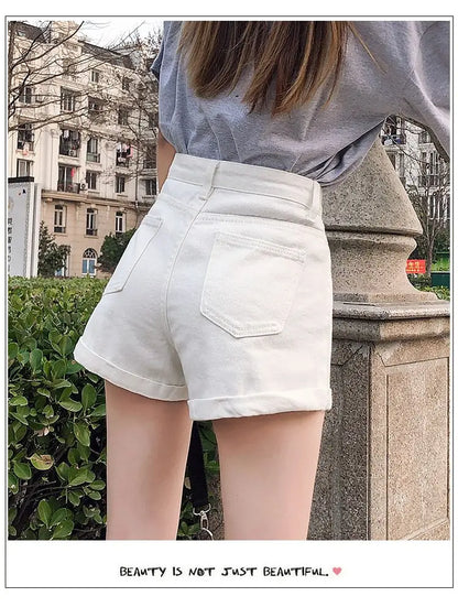 High-Waist Cuffed Denim Shorts Women Summer Korean Style Student Loose Slimming Outerwear A-Line Wide Leg Hot Pants Y2K Shorts