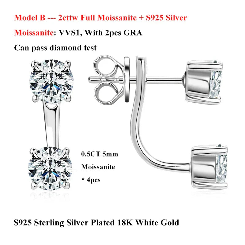 2 in 1 Full 5mm D Color Moissanite Stud Earrings for Women S925 Silver 2cttw All Diamond Earring Pierced Ear Fine Jewelry