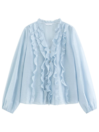 2026 Summer New Women's French Style V-Neck Ruffle Blouse Lightweight Sheer Hem Top for Coquette Vacation Chic Daily Style