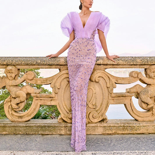 Luxury Tulle Beading Sheath Evening Dress V-Neck Purple Short Sleeve Pleat Sexy Backless Ladies Customized Lace Up Party Gown
