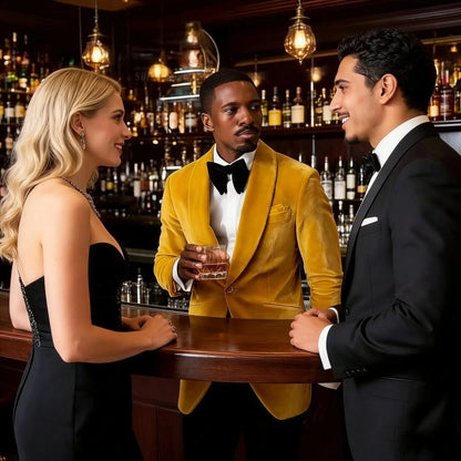 Men's Gold Velvet Tuxedo Blazer Shawl Lapel One Button Formal Jacket Fashion Slim Fit Wedding Prom Party Suit Coat
