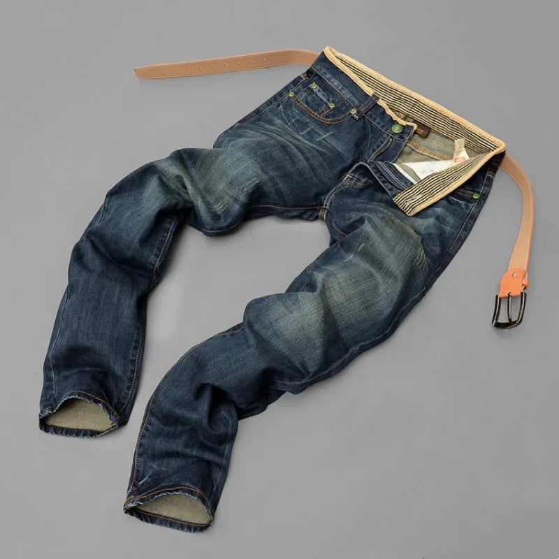 Men Jeans Retro Nostalgic Long Pants Casual Versatile Denim Pants Fashionable and Trendy Brand Washed Straight Leg Distressed