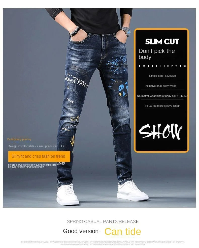 Harajuku Fashion Men's High-end Embroidered Jeans Korean Style Prints Patches Slim Fit Casual Spring Autumn Cowboy Trousers