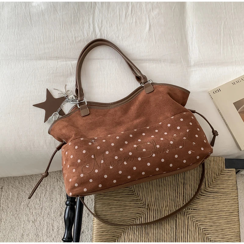 Vintage Frosted Tote Bag Casual Students Purse Large Capacity Shoulder Bag Polka Dot Drawstring Zipper Handbag With Star Pendant