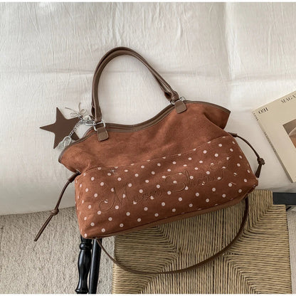 Vintage Frosted Tote Bag Casual Students Purse Large Capacity Shoulder Bag Polka Dot Drawstring Zipper Handbag With Star Pendant