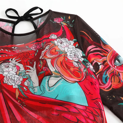 S - XXL Printed Long Sleeve With Sarong One Piece Swimsuit Women Swimwear Female Flowers Padded Bather Bathing Suit Swim V7181