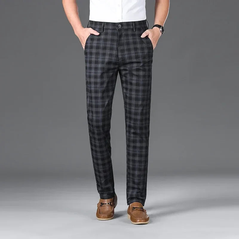 2024 Summer Classic Simple Straight Casual Pants for Men Personalized Checkered Versatile Stretch Business Casual Slim Trousers
