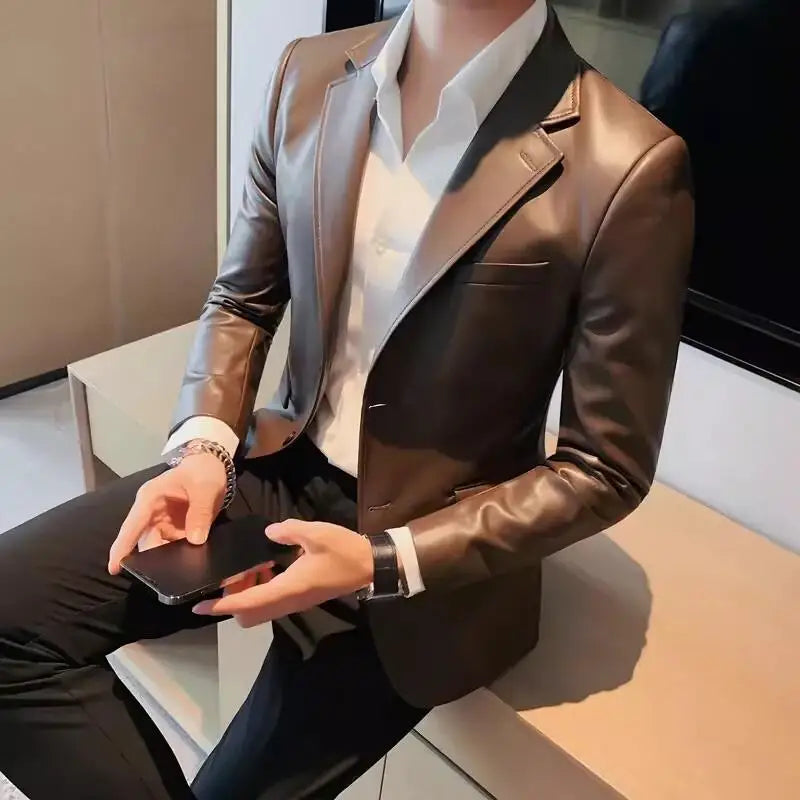 Men's Leather Jacket 2024 Autumn Highend Fashion Solid Slim Fit Business Blazers Coats Korean Casual PU Leather Suit Tuxedo