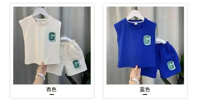 Summer Children Boys 2PCS Clothes Set Cotton Letter Bear Sleeveless Tops Tee Suit Thin Cool Sporty Shorts Kid Babys Boys Outfits