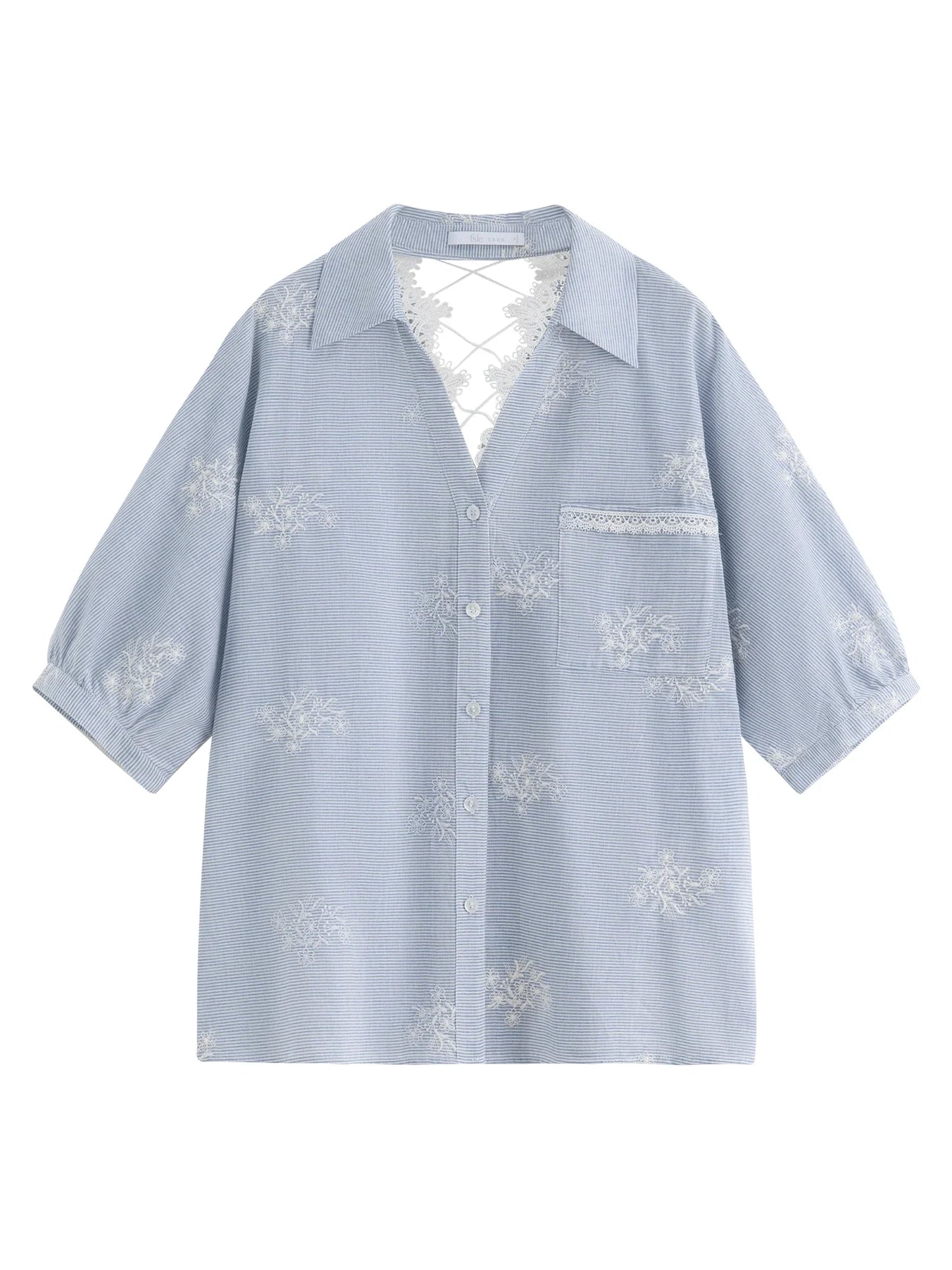 Summer Garden Embroidery Heavy Striped Shirt Women 2025 Summer New Back Hollow Top 25FS12883