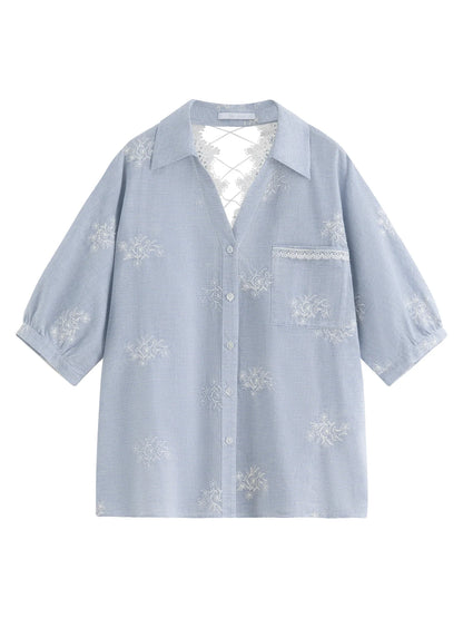 Summer Garden Embroidery Heavy Striped Shirt Women 2025 Summer New Back Hollow Top 25FS12883
