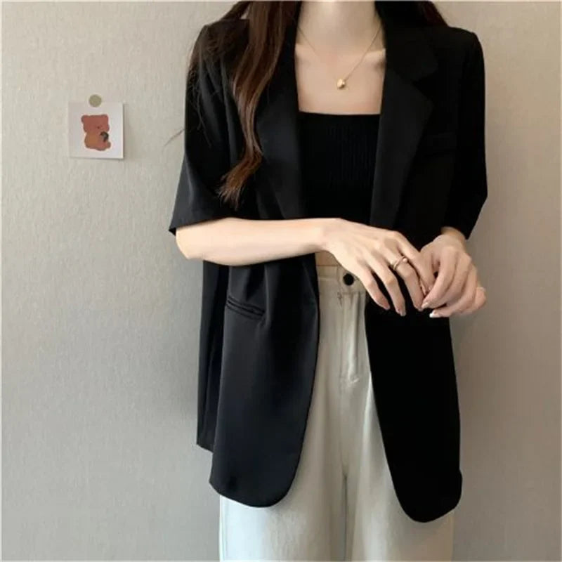 2026 Female Short Sleeved Suit Coat Women Summer Loose Fitting Solid Color Blazer Jacket Ladies Korean Leisure Tops Outerwear
