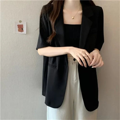 2026 Female Short Sleeved Suit Coat Women Summer Loose Fitting Solid Color Blazer Jacket Ladies Korean Leisure Tops Outerwear