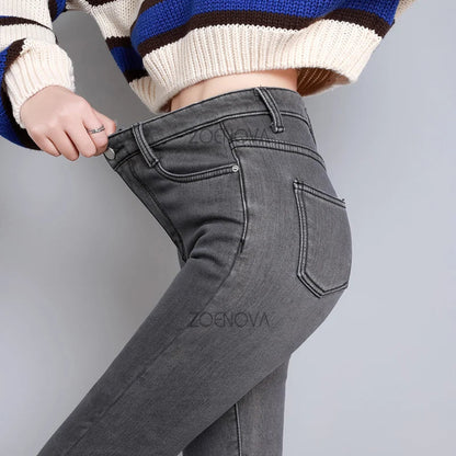 New Women Thick Velvet Jeans Fleece Warm Korean Fashion High Waist Skinny Elastic Pants Jean Casual Legging Winter 2023