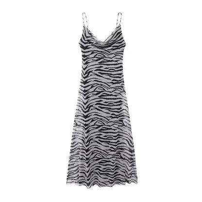 Women Vintage Leopard Print Spaghetti Strap Dress Sexy Backless Tulle Long Dresses Fashion Y2k High Street Vestido Mujer