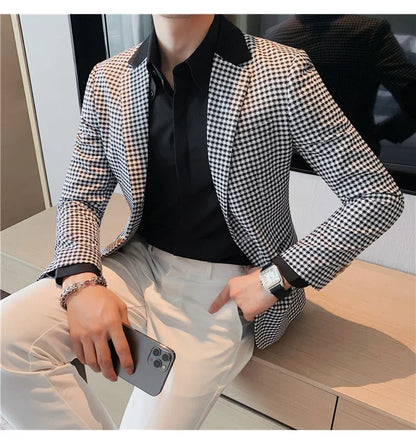 2024 Autumn Winter Korean  Houndstooth Blazer Jackets Fashion Color Matching Lapel Design Casual Men's Plaid Suit Coat Tuxedo